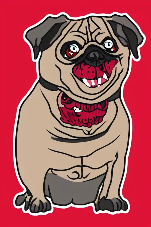 Prompt: Evil pug, the devil, sticker, blood thirsty, blood, evil, colorful, illustration, highly detailed, simple, smooth and clean vector curves, no jagged lines, vector art, smooth