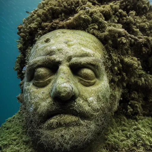 Prompt: Award-winning photograph by Mar Mann. The photo depicts a decaying roman bust of luiz inacio lula da silva overgrown with moss at the bottom of the sea in the middle of ruins of civilization. Minimalism, high definition, perfect composition. Deep sea picture. Very dark. Volumetric Lighting. Fish. Darkness. Ruins