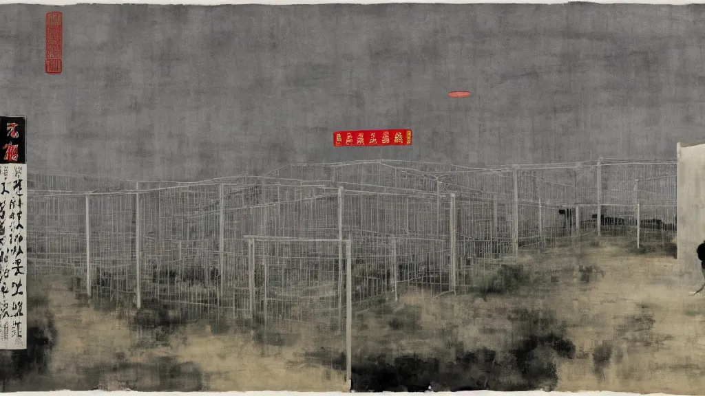 Prompt: a chinese prison near a river by peter doig, muted grey colors, overlaid with chinese adverts