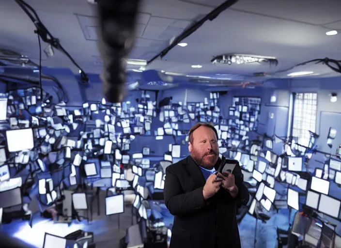 Image similar to dslr photo still of infowars host alex jones in a blue suit fat beard and mustache sitting depressed in a room filled to the ceiling with cell phones stacks of cell phones cell phones everywhere cell phones filling the entire room, 5 2 mm f 5. 6