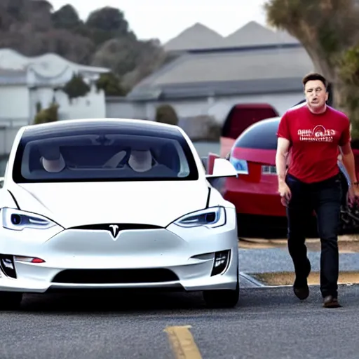 Prompt: elon musk being chased by a rogue tesla