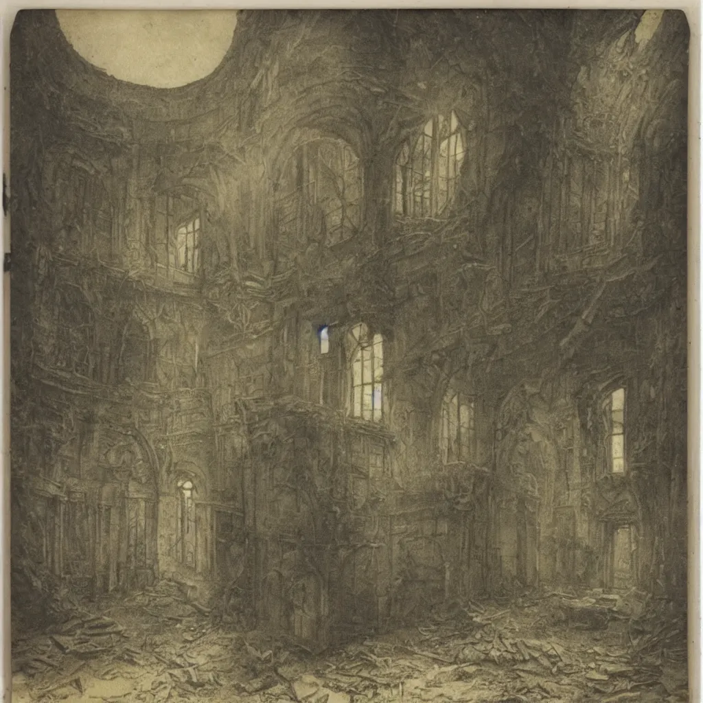 Prompt: old polaroid of a small cloaked figure roaming an enormous and decaying maze, beautiful natural backlit, piranesi, detailed