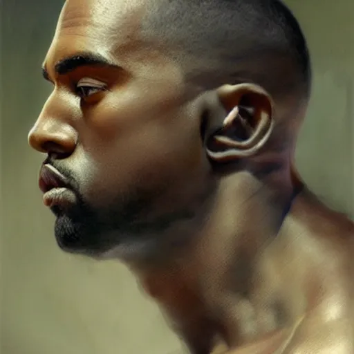 Image similar to detailed realistic cinematic wide shot of beautiful attractive muscular kanye west with gold chain wearing blue bath robe slim face symettrical face clean skin black eyes black robe smooth, sharp focus, ultra realistic, spring light, painting by gaston bussiere, craig mullins, j. c. leyendecker