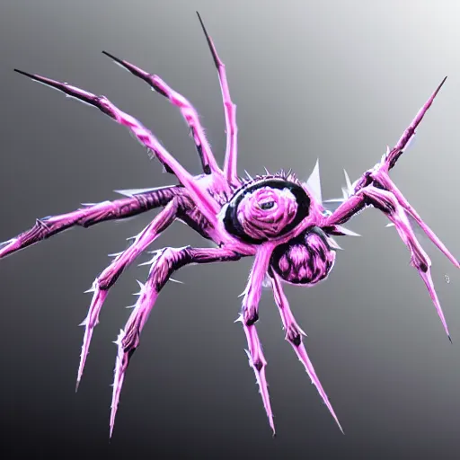 Image similar to Kumoko, a White and black patterened spider with pink eyes and spikes on it's back, CGI, anime, Kumo Desu ga Nani ka?, digital 3D drawing, sharp focus, concept-art