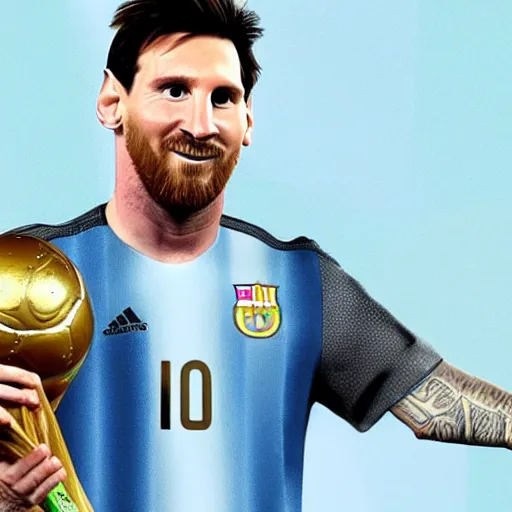 Image similar to lionel messi lifting the fifa world cup wearing the argentina shirt, extremely detailed, 9 k