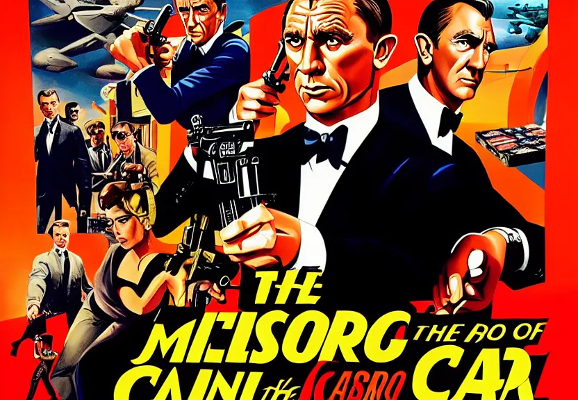 Prompt: poster for the film, james bond and the military go to steal at the casino, art for the film in color, art in 4 k