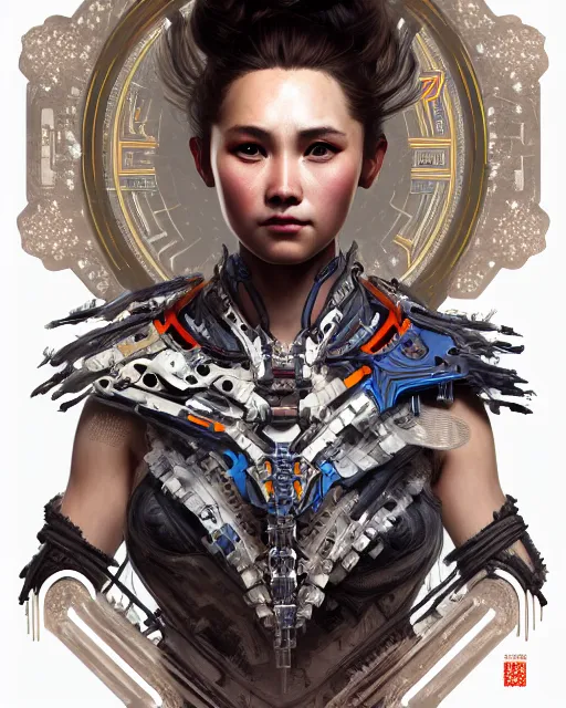 Prompt: portrait of a machine from horizon zero dawn, machine face, upper body, decorated with opera motifs, traditional chinese art, intricate, elegant, highly detailed, digital painting, artstation, concept art, smooth, sharp focus, illustration, art by artgerm and greg rutkowski and alphonse mucha, 8 k