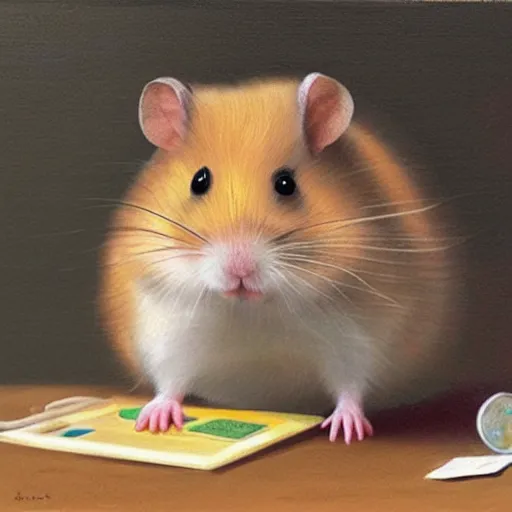 Prompt: a oil painting of a hamster trying to do his tax and is very stressed out