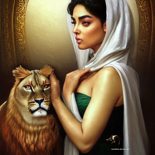 Image similar to a Photorealistic dramatic hyperrealistic render of an arab, queen Esther, ameera al taweel, green eyes, middle Eastern skin, eyes, black hair, white veil, with a pet lion by WLOP,Artgerm,Greg Rutkowski,Alphonse Mucha, Beautiful dynamic dramatic dark moody lighting,shadows,cinematic atmosphere,Artstation,concept design art,Octane render,8K