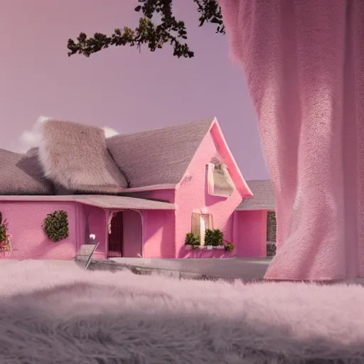 Image similar to extremly detailed house made of pink fluffy fur, photorealistic, high details, 8 k, sharp focus, octane render, volumetric light