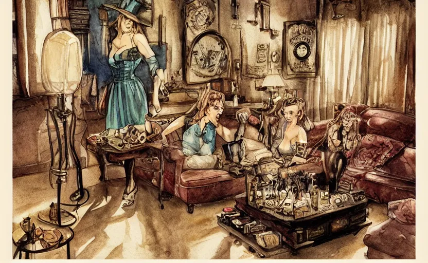 Image similar to women in the interior of a steampunk apartment, Milo Manara, night time, Margot Robbie, Scarlett Johanson, zoey Deschannel, smoking cigarettes, playing board games, highly detailed, pencil and watercolor, Tarantino movie posters, melancholy, level design, concept art, artstation, cgsociety, zenith view