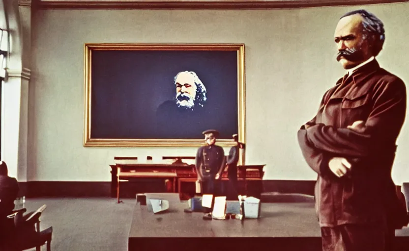 Image similar to 60s movie still of a stalinist style parlement with a giant painting of Karl Marx, by Irving Penn , cinestill 800t 35mm eastmancolor, heavy grainy picture, very detailed, high quality, 4k, HD criterion, precise texture, panoramic, cinematic