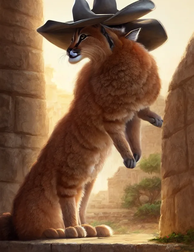 Image similar to cute fluffy caracal in a ancient greek city, wearing cowboy hat on head | | cute, key visual, realistic shaded perfect face, fine details by stanley artgerm lau, wlop, rossdraws, james jean, andrei riabovitchev, marc simonetti, and sakimichan, trending on artstation