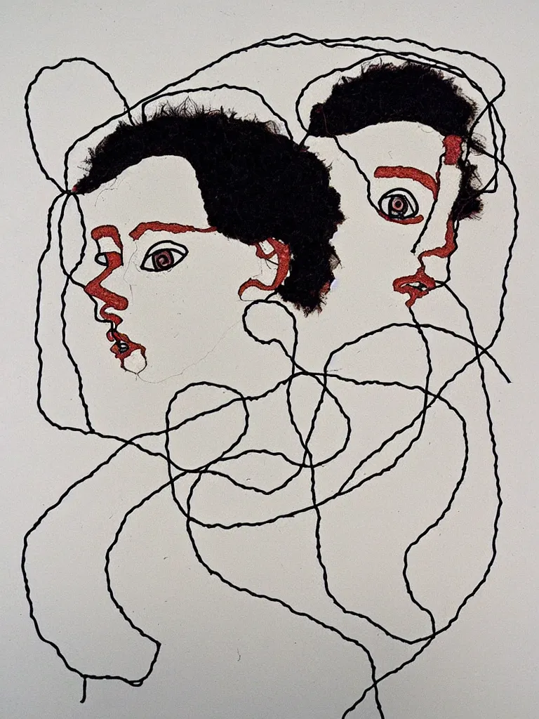 Image similar to elegant wire art portrait influenced by egon schiele. minimalist artwork full of human emotional expression and personality.