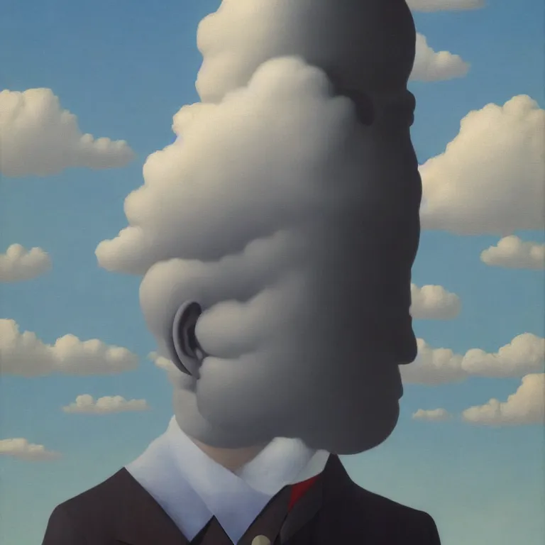 Image similar to cloud - man, by rene magritte, centered, detailed painting, hd, hq, high resolution, high detail, 4 k, 8 k