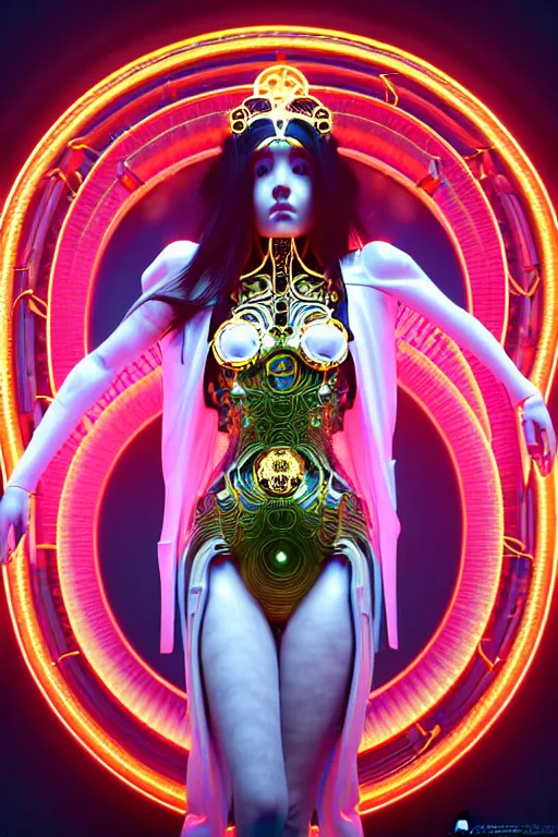 Prompt: symmetrical feminine solarpunk cyborg goddess rendered in Cinema 4D, elegant and ornate futuristic silk robes, held aloft by thousands of glowing neon wires, glowing white neon eyes, platinum and golden flowing long hair, art by Artgerm and Alphonse Mucha, hyperrealism, full body photogenic shot, digital render, cinematic lighting ornate earrings, 8k resolution, masterpiece work