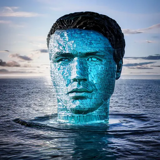 Image similar to a giant sculpture made out of water of a human head on the ocean water, cinematic, in the style of chad knight, long shot, hyper detailed, hyper realistic, ray tracing, 8 k resolution, sharp focus, realistic water, award winning