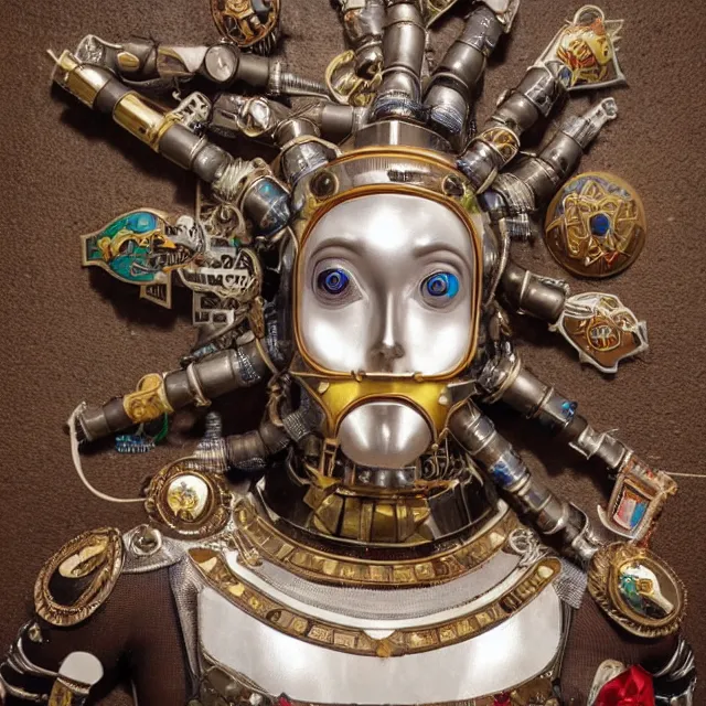 Prompt: a beautiful cyborg made of catholic symbols ceremonial maske