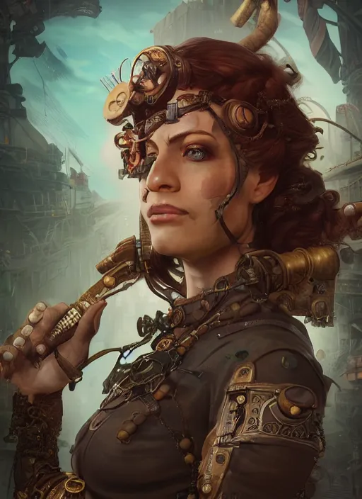 Image similar to steampunk pirate portrait of shehulk, hyper detailed, digital art, cinematic lighting, studio quality, smooth render, unreal engine 5, octane rendered, art style by klimt and nixeu and ian sprigger and wlop and krenz cushart.