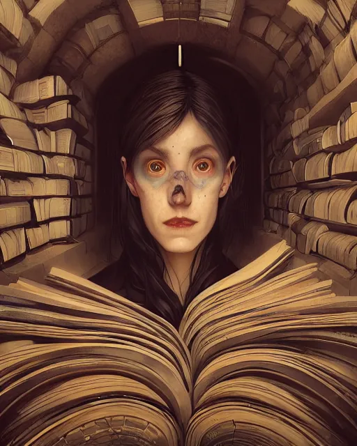 Image similar to highly detailed surreal vfx portrait of a villain in a catacomb of books, stephen bliss, unreal engine, greg rutkowski, loish, rhads, beeple, makoto shinkai and lois van baarle, ilya kuvshinov, rossdraws, tom bagshaw, alphonse mucha, global illumination, detailed and intricate environment