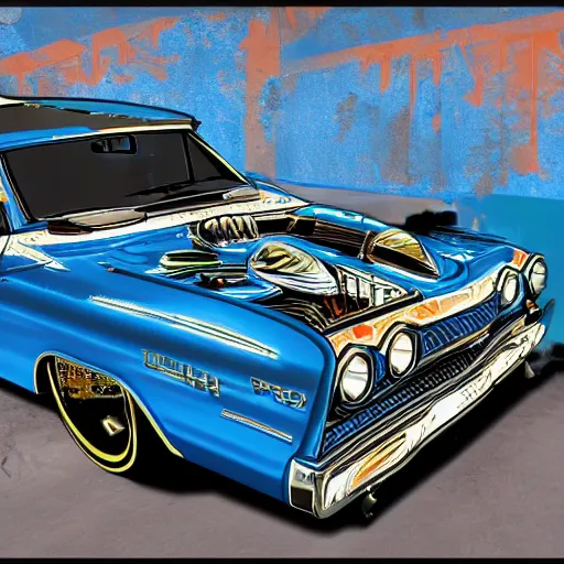 Image similar to a 1967 lowrider that has blue paint with flames on it in the style of GTA V cover art, award winning, award winning shading, hyperdetailed, trending on artstation, masterpiece