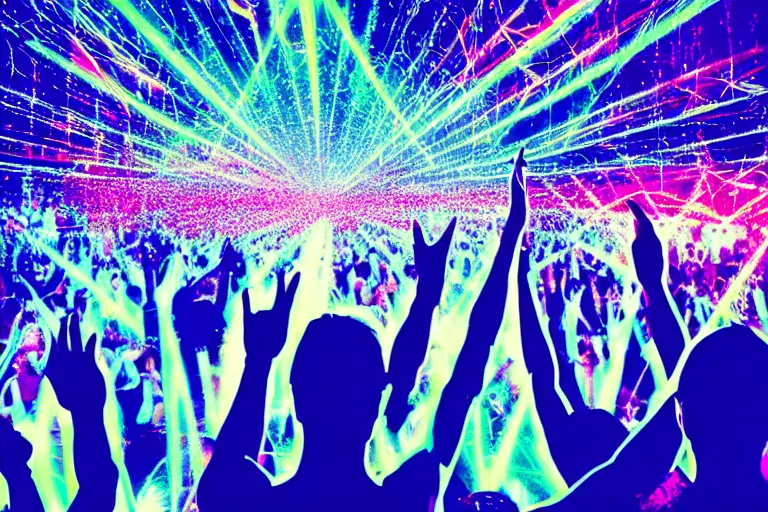 Prompt: crowd partying with their hands up at a festival, silhouette, laser show, digital art, trending on artstation, 4k, unreal engine, intricate, ornate