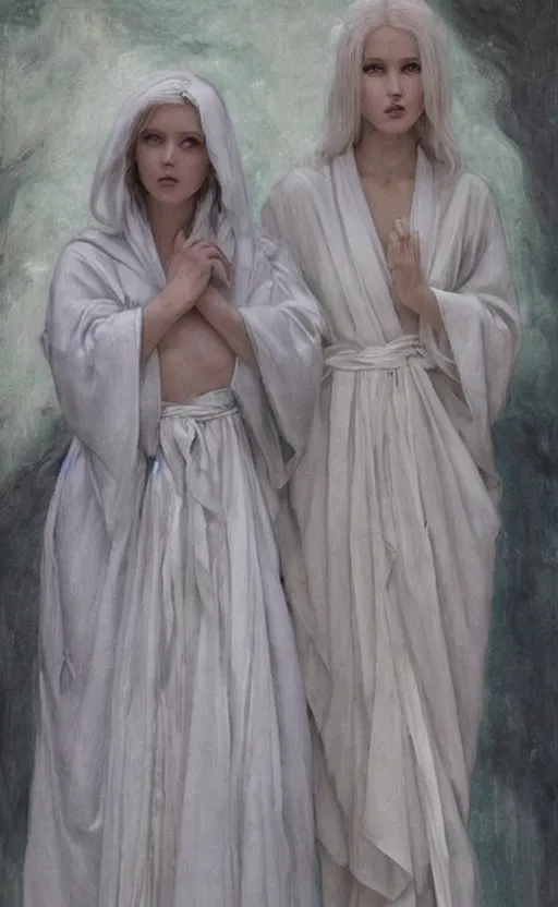 Image similar to angelic beauty with silver hair so pale and wan! and thin!?, flowing robes, covered in robes, lone pale wan fair skinned goddess, wearing robes of silver, flowing, pale skin, young cute face, covered!!, clothed!! oil on canvas, style of lucien levy - dhurmer and jean deville, 4 k resolution, aesthetic!, mystery