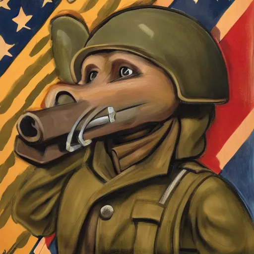 Prompt: 8k UHD, painting in the style of WW1 propaganda, trending on artstation: (subject = anthropomorphic mouse soldier resting in a trench + subject detail = mouse head, anthropomorphic, high detail, high texture detail)