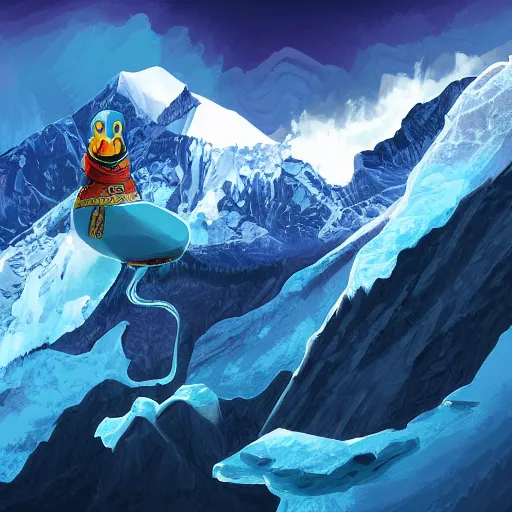 Image similar to digital art, trending on artstation, a galactic duck climbing everest underwater.