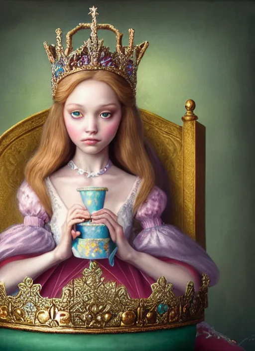 Prompt: highly detailed closeup, straight fingers, portrait of a fairytale medieval princess wearing a crown and sitting on a throne eating cakes, unreal engine, nicoletta ceccoli, mark ryden, earl norem, lostfish, global illumination, god rays, detailed and intricate environment