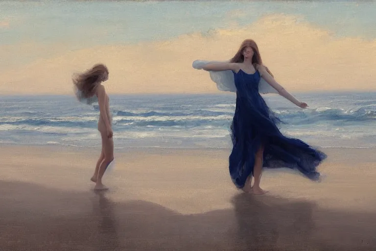 Image similar to female angel on the beach, trail of fire and smoke coming from her wings, very early morning, bluish colorscheme, jeremy lipking, timothy rees