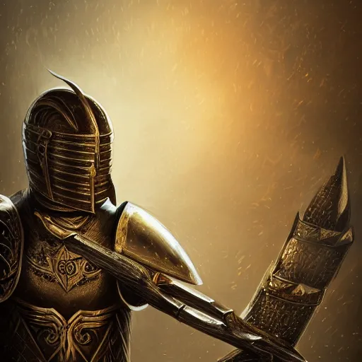 Image similar to knight soldier wearing ebony gold armor and horned helmet, detailed digital artwork, symmetrical, highly detailed, warm background lighting, highly accurate, deep aesthetic, 8 k, highly ornate intricate details, cinematic lighting, rich colors, ray tracing, hyperrealistic, photorealistic, cinematic landscape, trending on artstation,