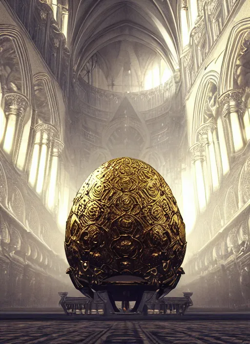 Image similar to Giant golden ornate egg in the middle of a cathedral. In style of Yoji Shinkawa and Hyung-tae Kim, trending on ArtStation, dark fantasy, great composition, concept art, highly detailed, dynamic pose.