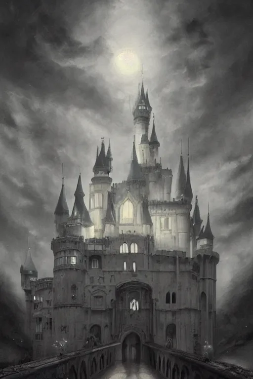 Image similar to By Tom Bagshaw, ultra realist soft painting of a castle court by night, centered fading Kpop female artist fully dressed, horror, omnious sky, symmetry accurate features, very intricate details, black and white, fading rainbow light, volumetric light clouds, artstation, 8K