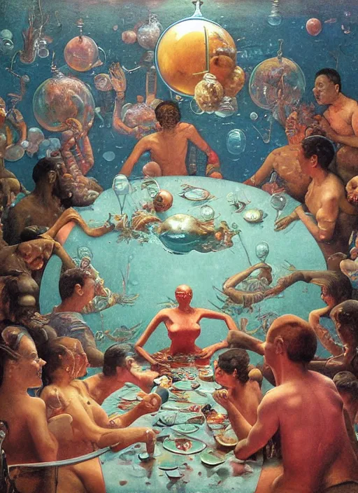 Prompt: realistic detailed image of a spherical water people at underwater restaurant in the style of Francis Bacon, Surreal, Norman Rockwell and James Jean, Greg Hildebrandt, and Mark Brooks, triadic color scheme, By Greg Rutkowski, in the style of Francis Bacon and Syd Mead and Edward Hopper and Norman Rockwell and Beksinski, dark surrealism, open ceiling, highly detailed, painted by Francis Bacon, painted by James Gilleard, surrealism, by Nicola Samori, airbrush, Ilya Kuvshinov, WLOP, Stanley Artgerm, very coherent, art by Takato Yamamoto and James Jean