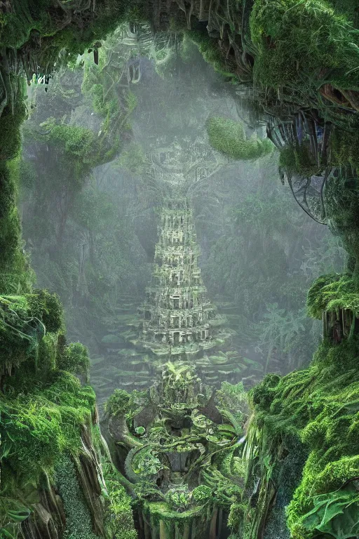 Image similar to ancient fractal temple megastructure in the hanging gardens of a radiant forest jungle, overgrown garden, scanned earth terrain fractal bridges, highly detailed erosion algorithm landscape, by albert bierdstat, by glenn small, high resolution, 8 k photorealism, populated by luminous beings, god rays in volumes of fog, looking up perspective