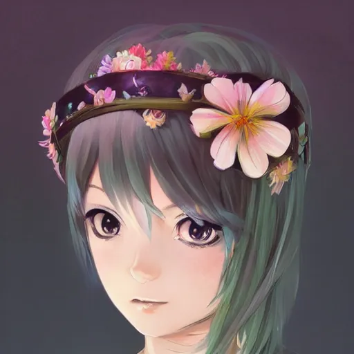 Image similar to portrait of anime pixie character with flower crown hair, manga cover, highly detailed, digital painting, artstation, concept art, sharp focus, illustration, strong brush stroke, anime, art by greg rutkowski, ilya kuvshinov, sharp focus, ghibli studio, art by ilya kuvshinov, rossdraws