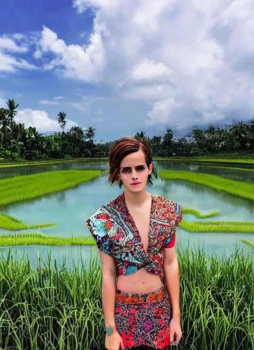 Prompt: emma watson wearing batik bali in bali. temple lake, rice field ocean. front view. instagram closeup holiday photo shoot, perfect faces, beautiful