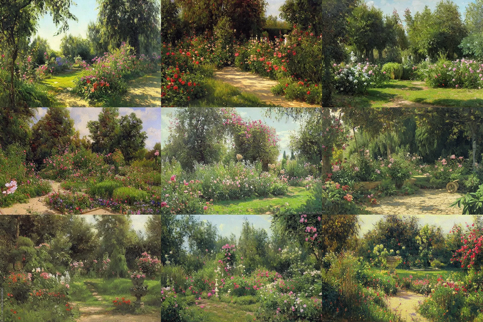 Prompt: Beautiful French garden painted by Ivan Kramskoi