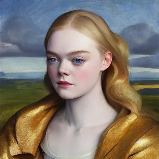 Image similar to Elle Fanning as an Android, head and shoulders masterpiece, oil on canvas, golden hour, in the world of Andrew Wyeth and Bosch, artstation, by J. C. Leyendecker and Peter Paul Rubens,