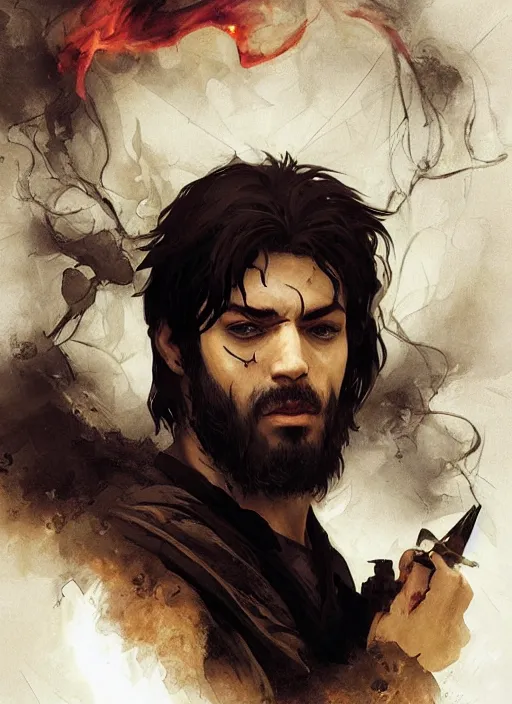 Image similar to character concept portrait of an attractive young angry Spanish wizard with pale black skin and a parital skull mask enchanting a flaming seduction spell, a floating burning spell book in the center, intricate, elegant, digital painting, concept art, smooth, sharp focus, illustration, from Metal Gear, by Ruan Jia and Mandy Jurgens and William-Adolphe Bouguereau, Artgerm