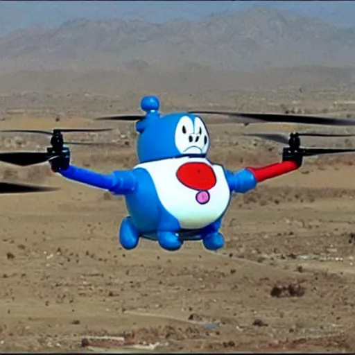 Image similar to doraemon piloting a drone in the middle east