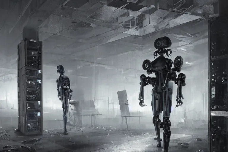 Prompt: gloomy colossal ruined server room in datacenter by eddie mendoza blender robot figure automata headless drone robot knight welder posing pacing fixing soldering mono sharp focus, emitting diodes, smoke, artillery, sparks, racks, system unit, motherboard, by rutkowski artstation hyperrealism cinematic dramatic painting concept art of detailed character design matte painting