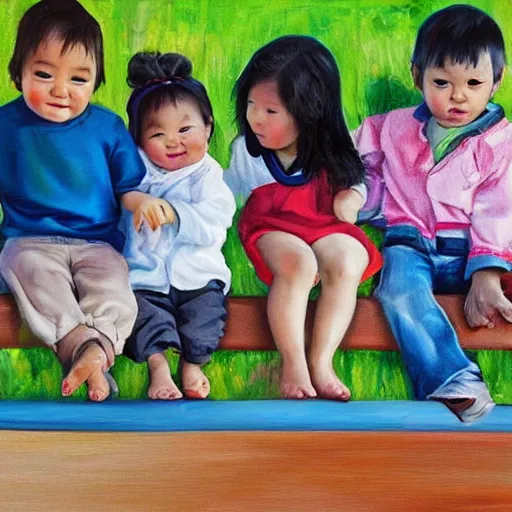 Image similar to an ethnically diverse group of toddlers. white. asian. hispanic. african. playing on a playground. oil on canvas exquisite. smooth. sharp focus. award winning. 8 k