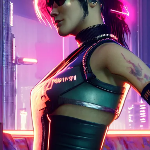 Image similar to female V from Cyberpunk 2077 wearing spiked steel choker, steel collar, steel choker, punk, steel collar, 4K, realistic, spiked collar, portrait, art, beautiful,