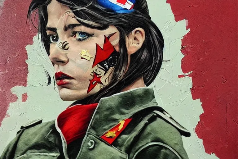 Image similar to a sad female soviet soldier, art by Sandra Chevrier