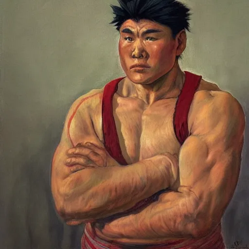 Image similar to ryu from street fighter 2 in real life in the style of malczewski, jacek