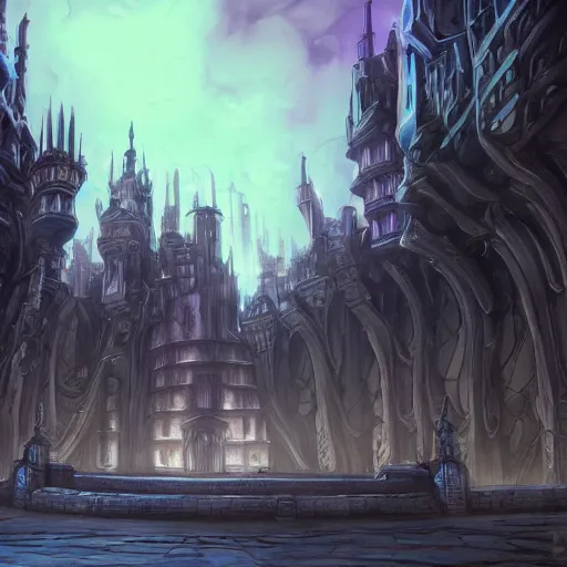 Prompt: dalaran city, cascading concept art, berserk manga art style, film noir