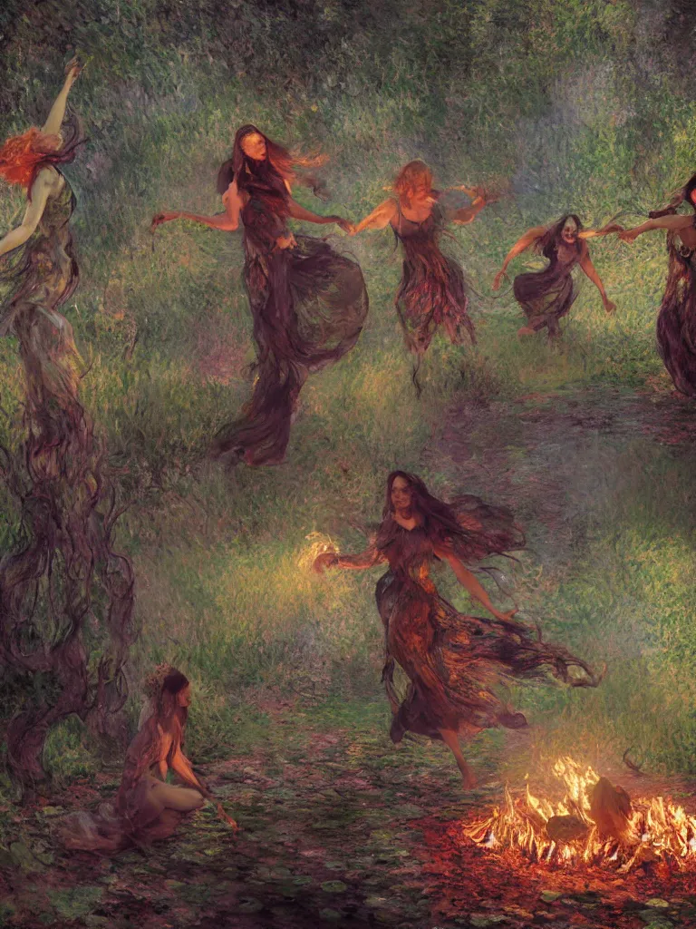 Image similar to illustration studio portrait of witches dancing and floating around a big firepit in artistic poses at the forest in a witch's dark coven, monet painterly motives and textures pattern, hyper detailed, octane render, vivid colors, artstation, by jeremy mann, by alphonse mucha, by monet