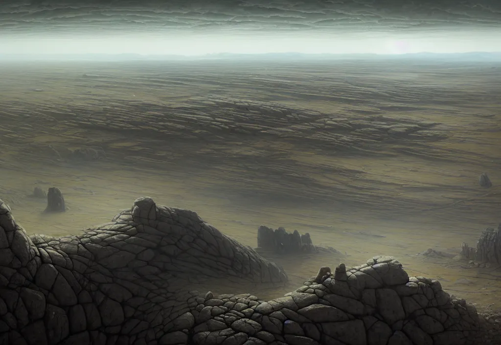 Prompt: The landscape of a flat wasteland with gray dry land, enclosed in incredibly gigantic enormous smoothed stone walls. The walls are so far apart that they disappear over the horizon. Art by Finnian MacManus, Simon Stalenhag, Arthur Rackham. Masterpiece, fantasy art, cinematic, hyperdetailed, photorealistic, hyperrealism, octane rendering, 8k, aerial view